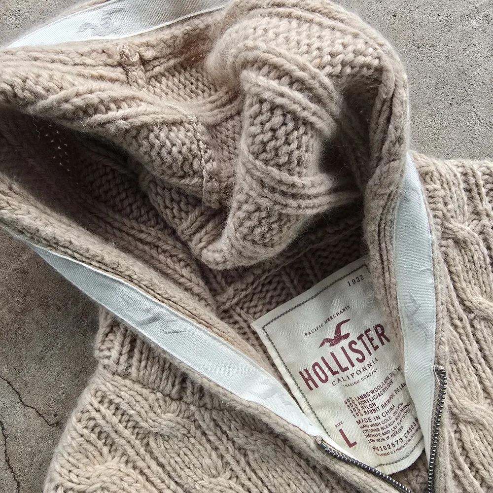 Vintage Y2K Hollister Hoodie Chunky Cable Knit Full Zip Jacket Sweater Swan L - Picture 5 of 5